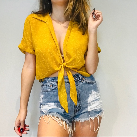 mustard yellow tie front top